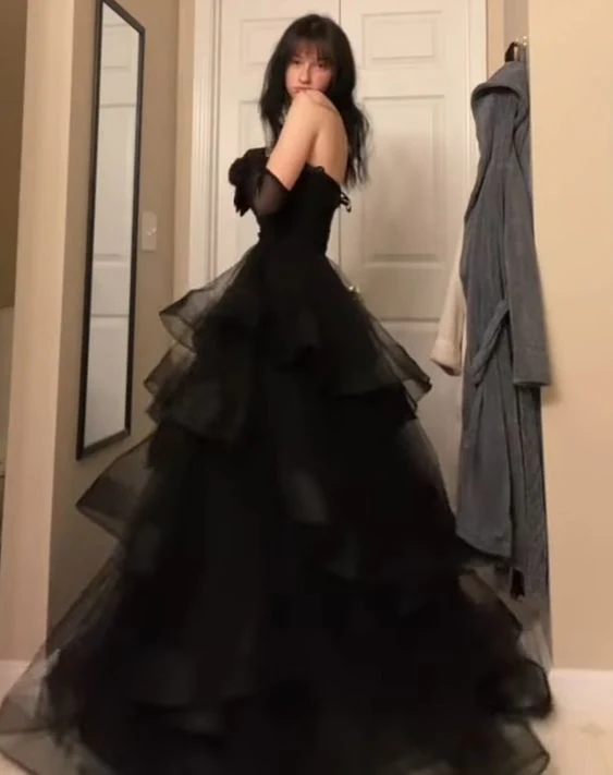 Black Layered Tulle Ruffle Prom Dresses for Women Y1135
