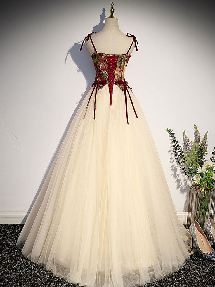 Vintage Tulle A Line Long Prom Dress Spaghetti Straps Evening Dress Ball Gown Y7662