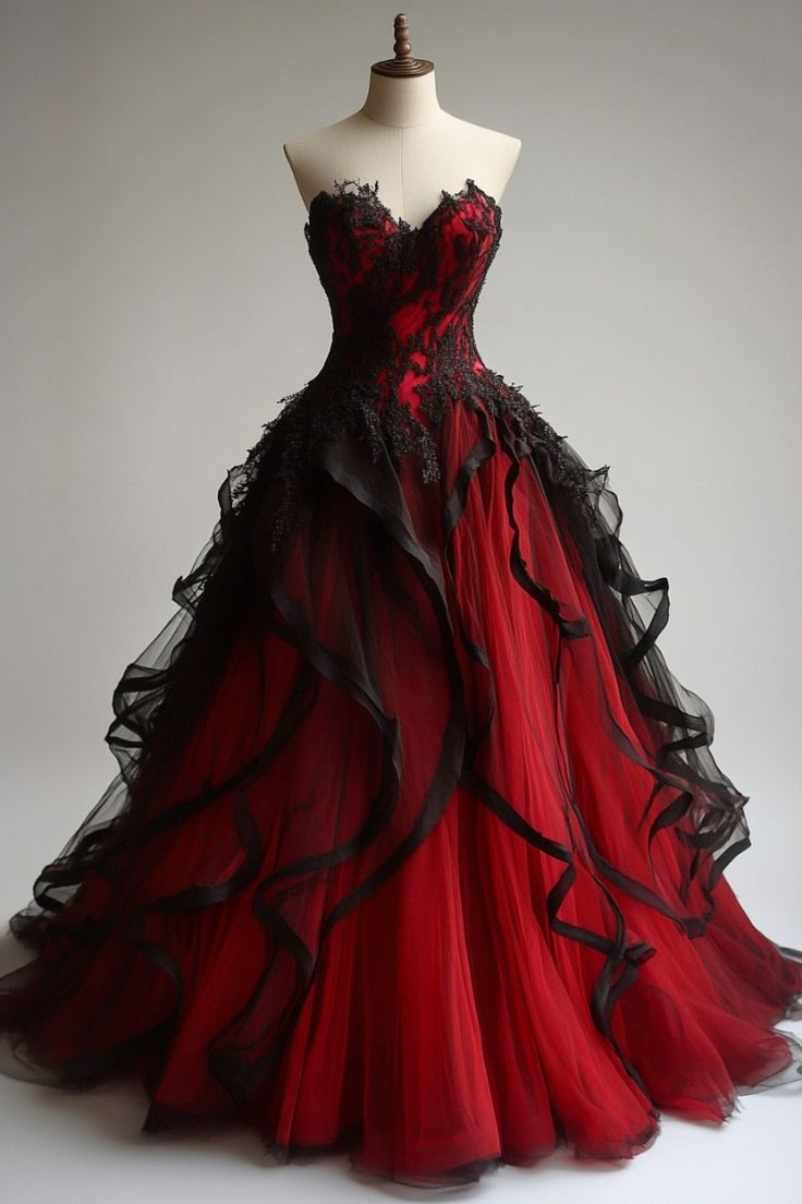 Charming Red Lace Tulle Ruffles Ball Gown A Line Prom Dress Y7796