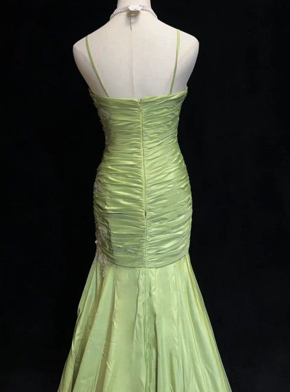 Vintage Green Mermaid Satin Beaded Sequin Evening Dress,Spaghetti Strap Long Prom Dress Y8556