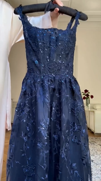 Navy Blue A Line Lace Appliques Prom Dress Elegant Evening Gown Y7830