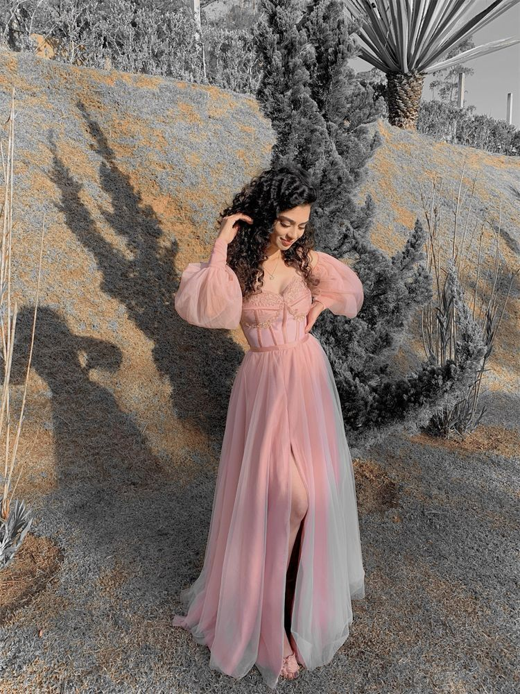 Light Pink A-line Tulle Prom Dress With Split Y4819