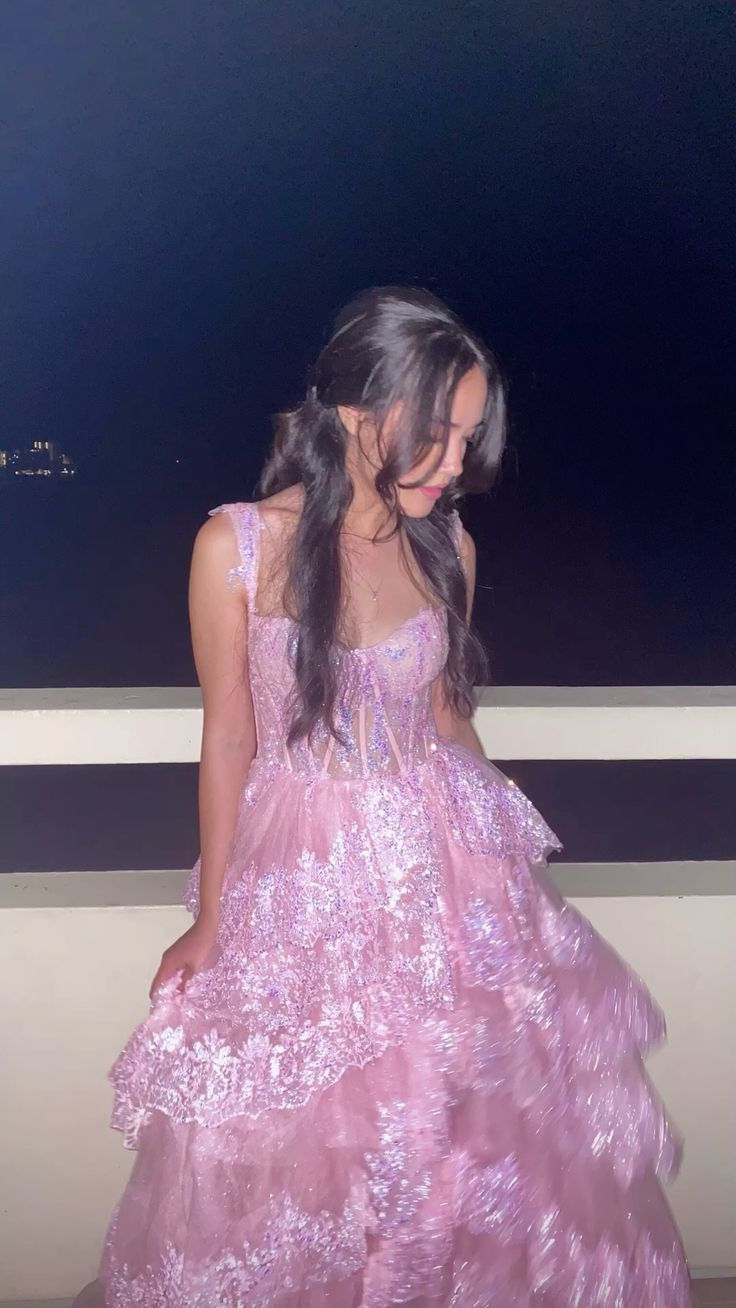 Pretty A-Line Pink Lace Appliques Tiered Long Prom Dress Formal Evening Dress Y7936