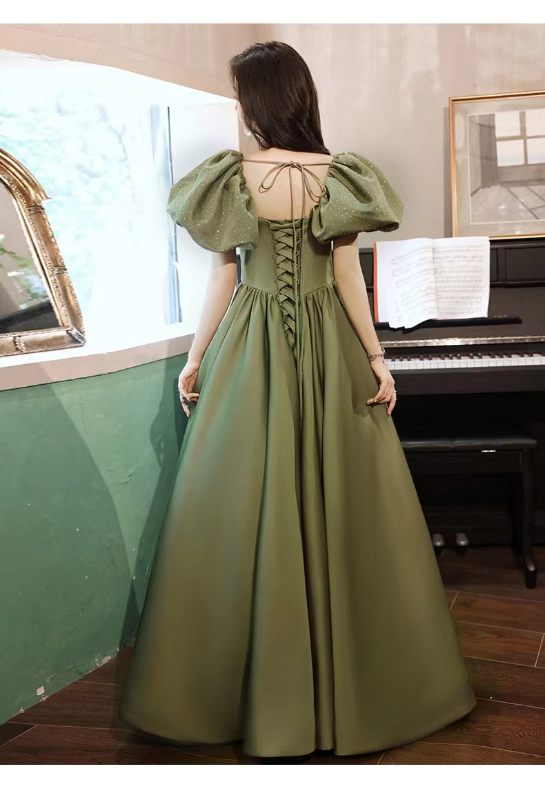Green Evening Dress,Temperament,Long Bubble Sleeve Princess Dress Y4315