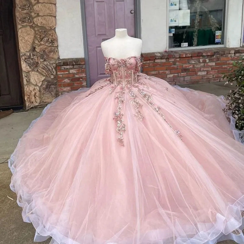 Pink Glitter 3D Flowers Beaded Ball Dress Beautiful Pink Princess Dresses Y1132