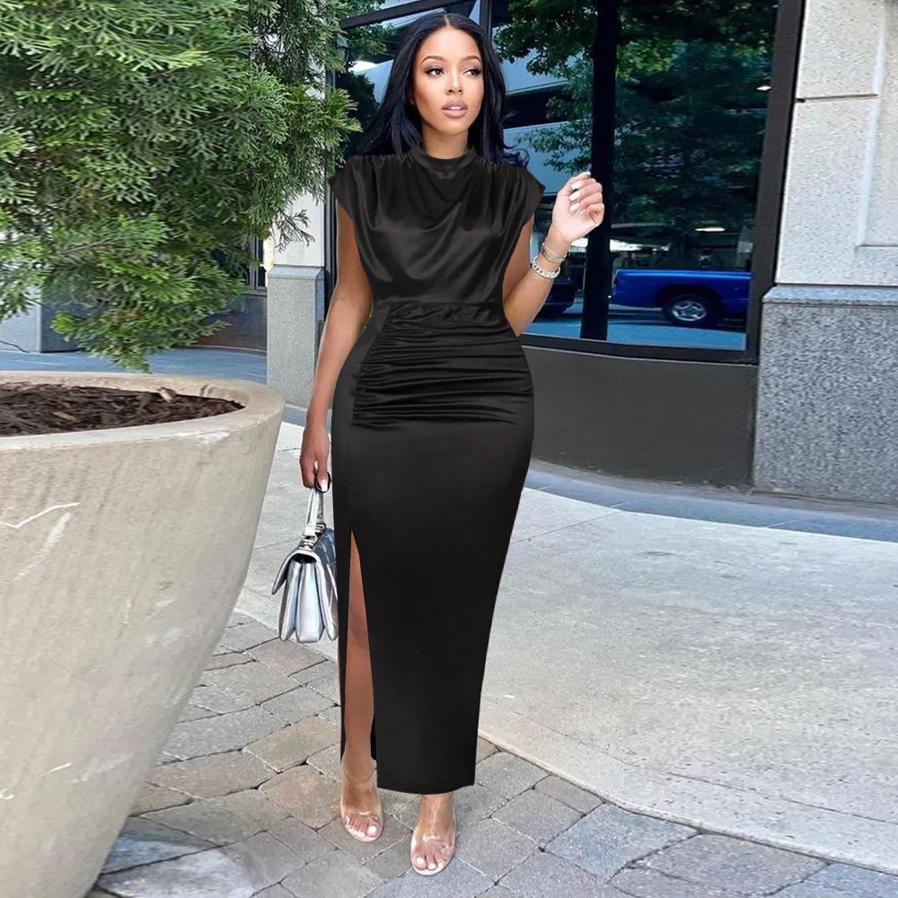 New fashion sexy temperament slim high waist evening dress short sleeve solid color plus size dress for women Y4951