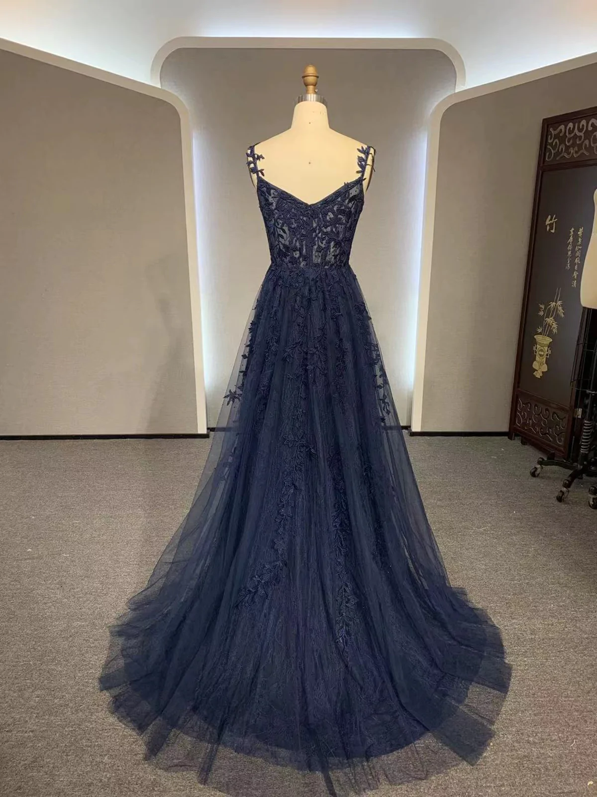 Navy Blue Long Lace Prom Dresses,Navy Blue Long Lace Formal Dress Y7423