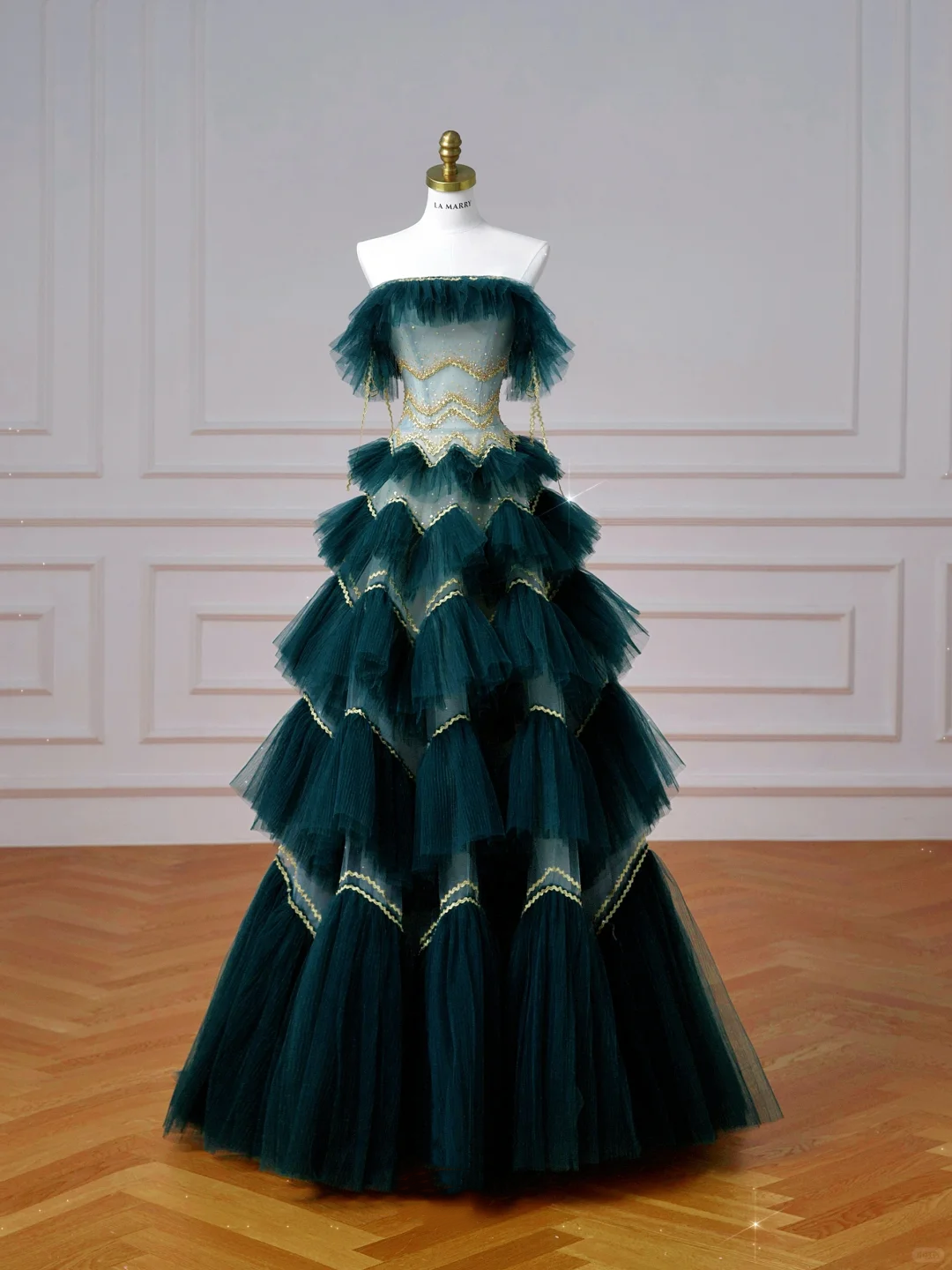 Vintage Dark Green Tulle Sequins Layered A Line Prom Dress,Strapless Evening Dress Y8606