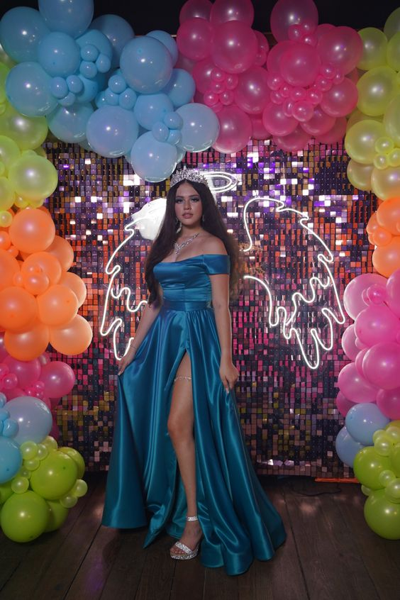Classic Off The Shoulder A-line Satin Long Prom Dress With Split Y5871