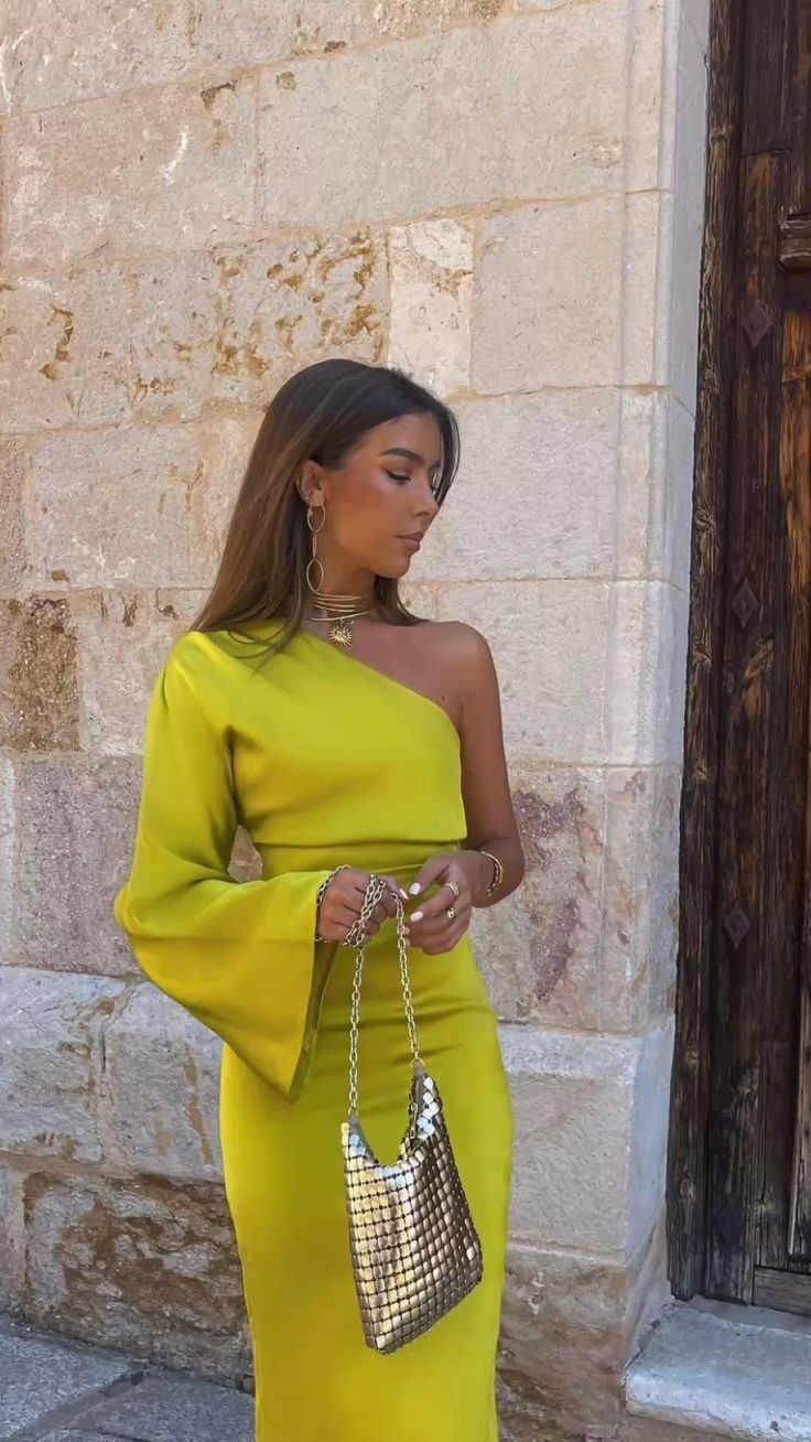 One Shoulder Sexy Women Dress Summer Fashion Solid Yellow Batwing Long Sleeve Ladies Split Robe Femme Prom Dress Y5043