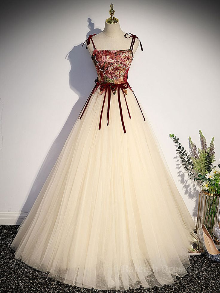 Vintage Tulle A Line Long Prom Dress Spaghetti Straps Evening Dress Ball Gown Y7662