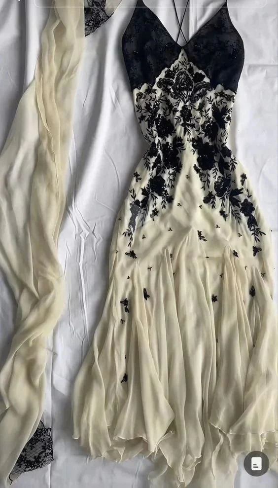 Champagne Spaghetti Straps Chiffon Black Lace Prom Dress, Long Evening Dress Y7480