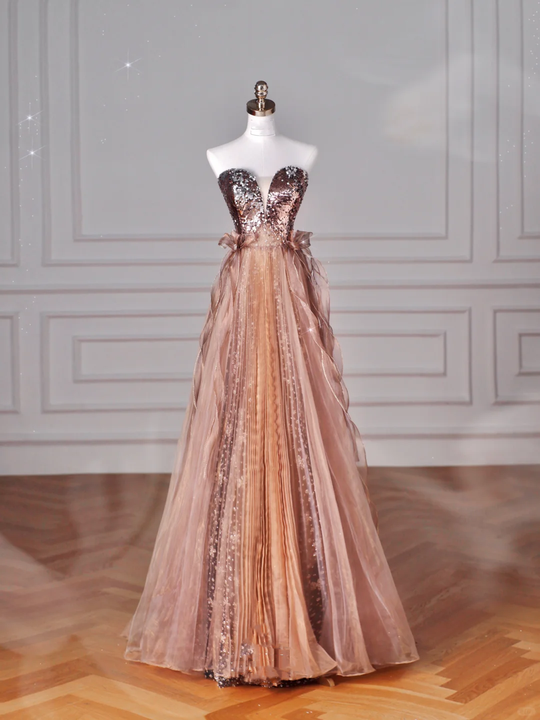 Vintage Rose Gold Strapless Tulle Sequins Beaded A Line Prom Dress Evening Dress Y8622