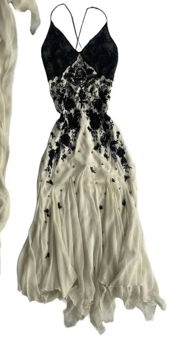 Champagne Spaghetti Straps Chiffon Black Lace Prom Dress, Long Evening Dress Y7480