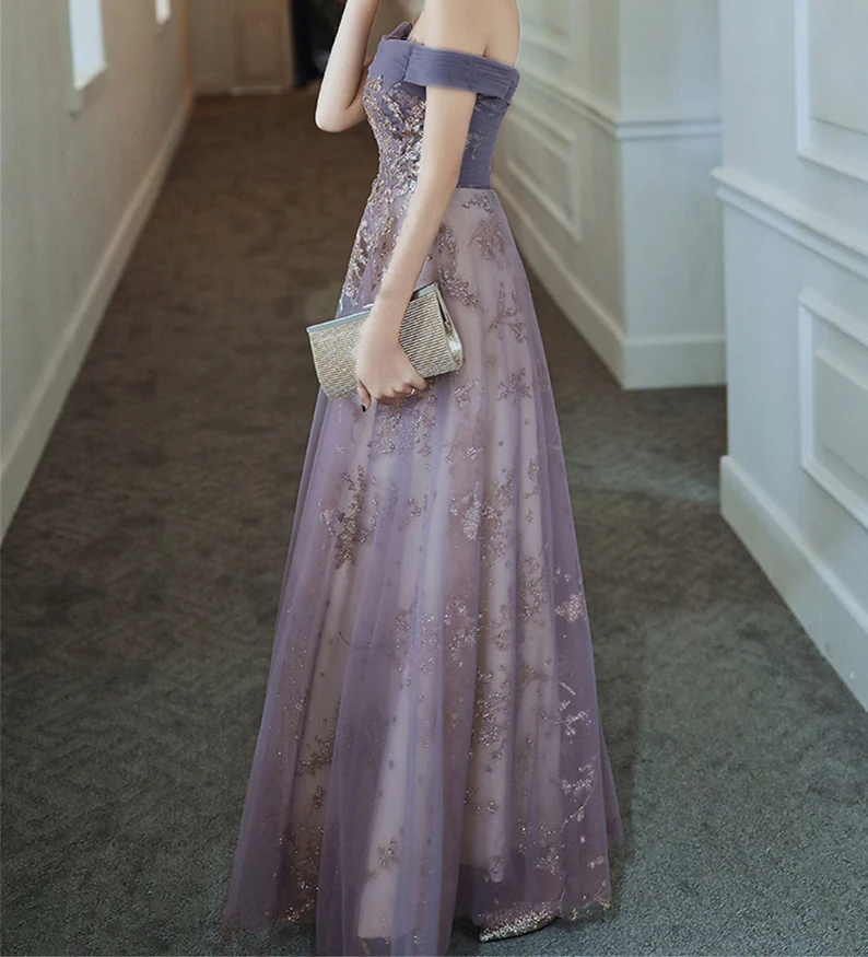 Dreamy Purple Prom Dress off Shoulder Evening Dress Elegant Long Banquet Dress Sleeveless Party Dress Girl Graduation Dress Y4286