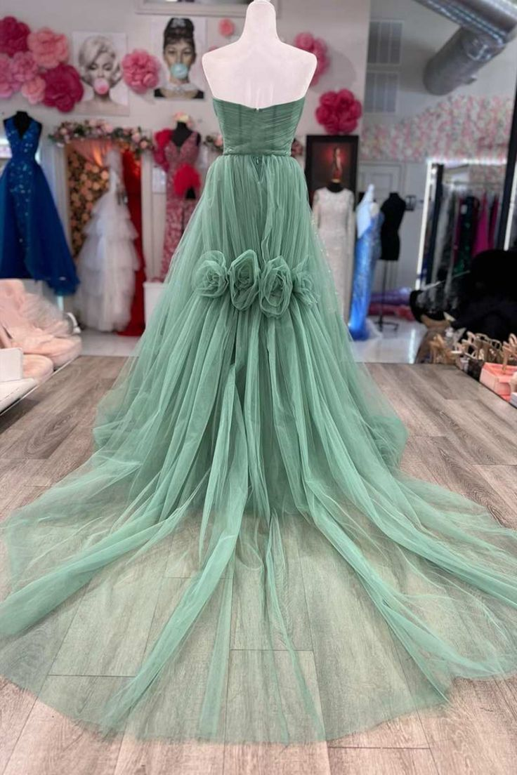 Green Strapless Floral Long Prom Dresses, Green Formal Dresses, Green Tulle Evening Dresses Y4640
