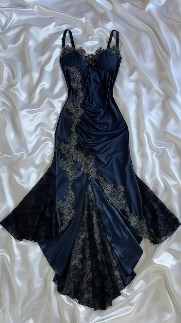 Vintage Navy Blue Satin Lace Appliques Mermaid Evening Dress Prom Dress Y8497