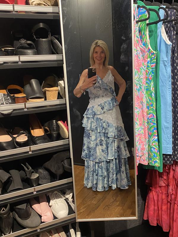 Gorgeous Blue Sleeveless V-Neck Lace Ruffle Tiered Evening Dress,Formal Prom Dress Y8460