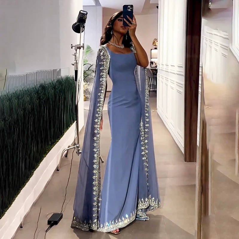 Sparkly Sequin Evening Dresses for Arabic Women Cape Floor Length Mermaid Prom Party Wedding Special Events Dresses Y4817