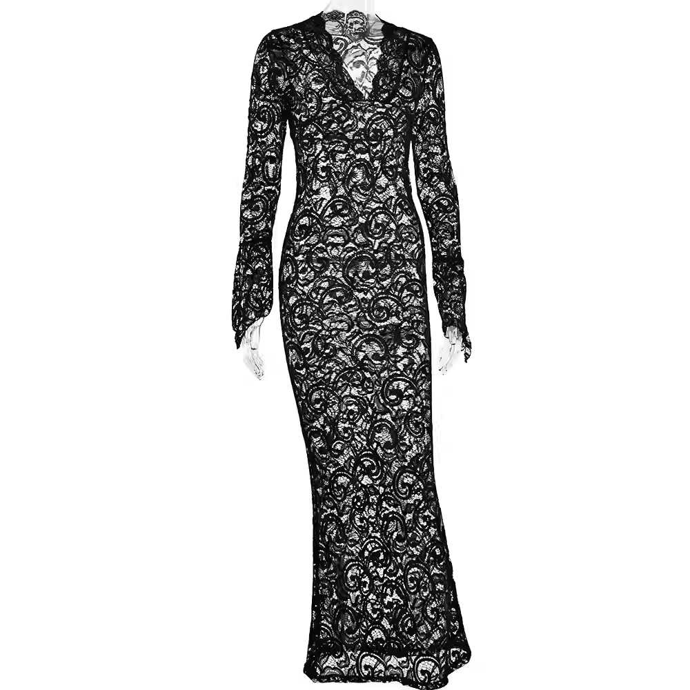 Elegant Lace See Through V-neck Maxi Sexy Dress,White Prom Dress Y4608