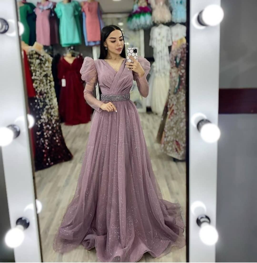 Sparkly A-line Tulle Evening Dress,Modest Evening Gown Y4993