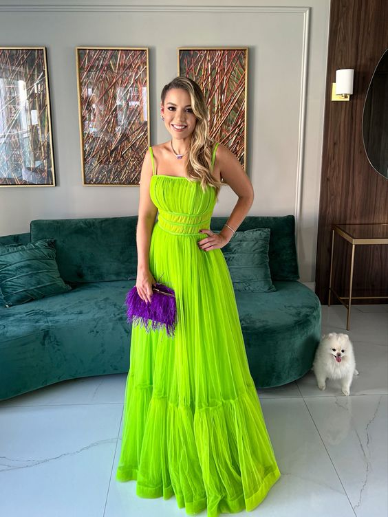 Green A-line Spaghetti Straps Tulle Prom Dress,Green Evening Dress Y5595