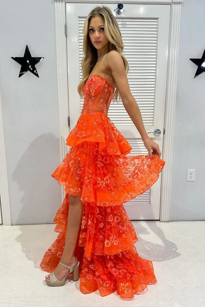 Chic Orange Strapless A-Line Lace Layered Appliques Prom Dress Slit Evening Dress Y7885