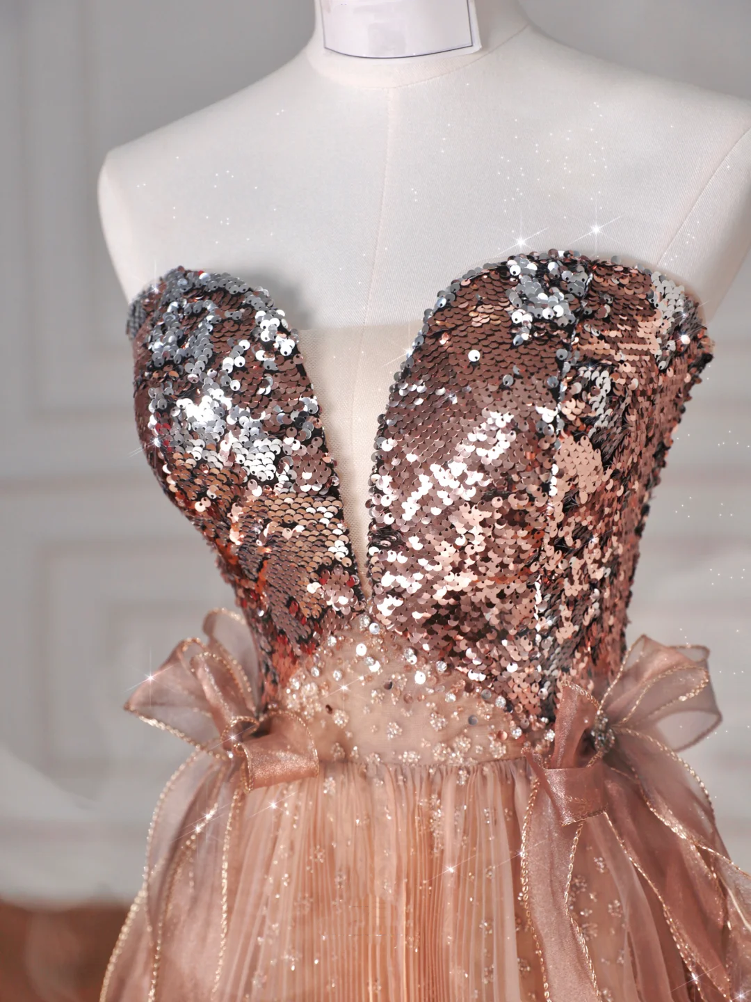Vintage Rose Gold Strapless Tulle Sequins Beaded A Line Prom Dress Evening Dress Y8622