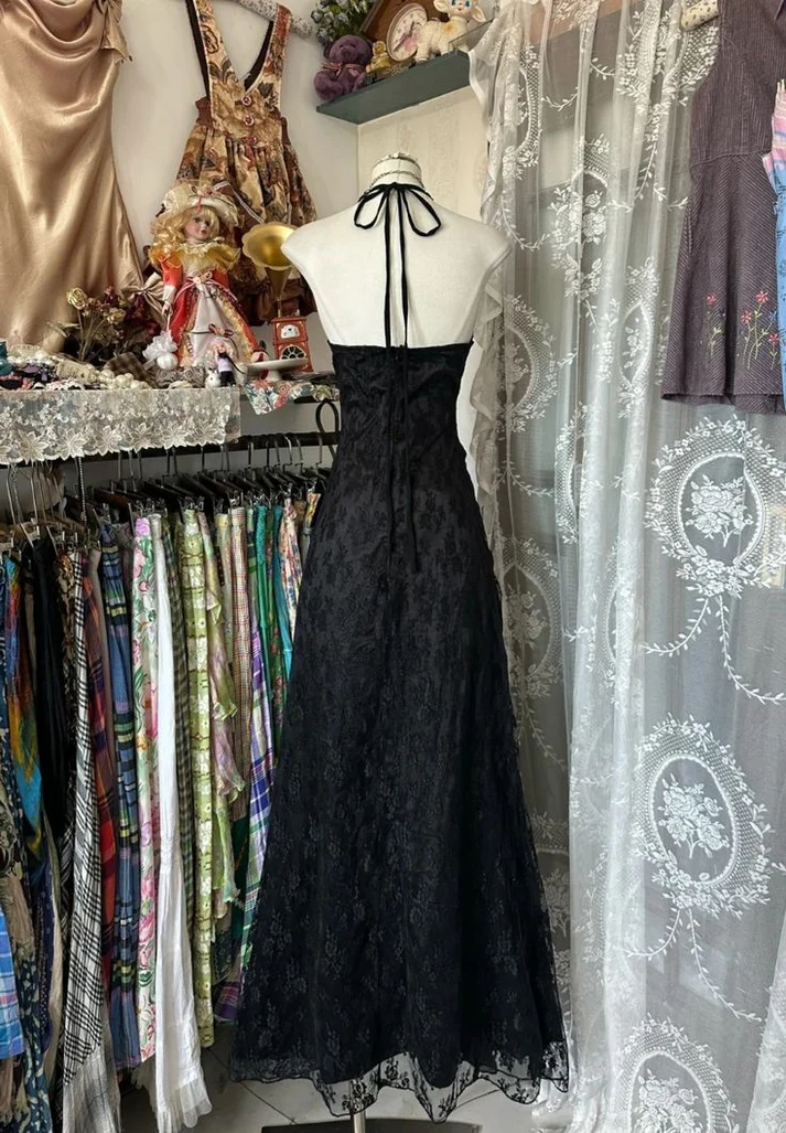 Vintage V Neck Black Chiffon Lace Evening Dress Long Prom Dress Y7813