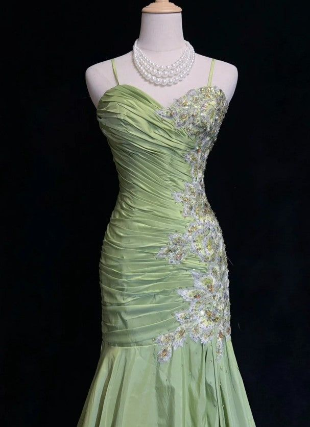 Vintage Green Mermaid Satin Beaded Sequin Evening Dress,Spaghetti Strap Long Prom Dress Y8556