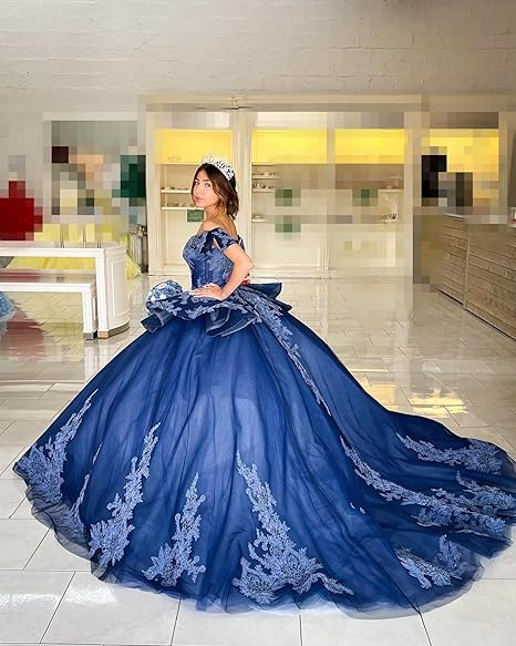 Navy Off The Shoulder Tulle Lace Quinceanera Dress,Navy Blue Ball Gown Sweet 15 Dress Y2985