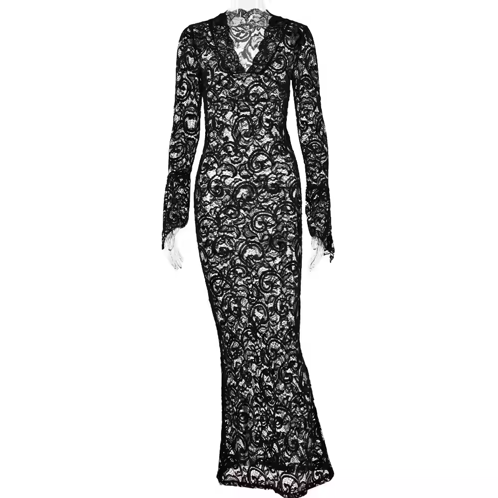 Elegant Lace See Through V-neck Maxi Sexy Dress,White Prom Dress Y4608