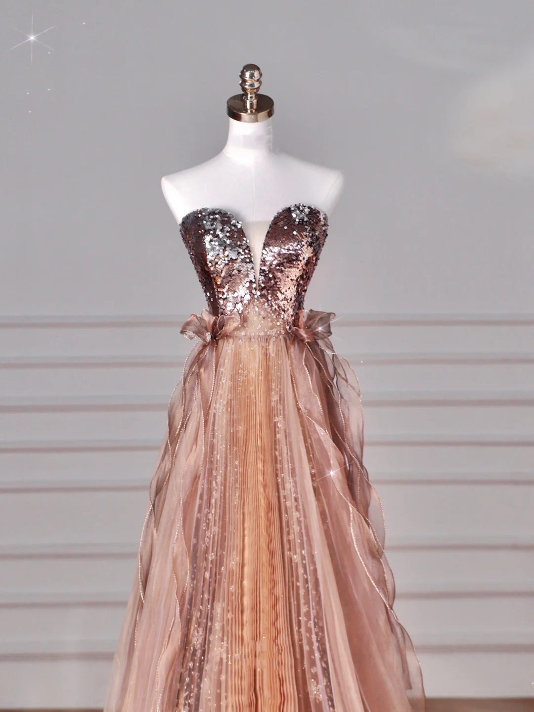 Vintage Rose Gold Strapless Tulle Sequins Beaded A Line Prom Dress Evening Dress Y8622