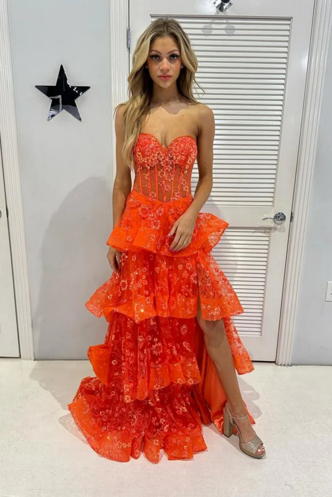Chic Orange Strapless A-Line Lace Layered Appliques Prom Dress Slit Evening Dress Y7885