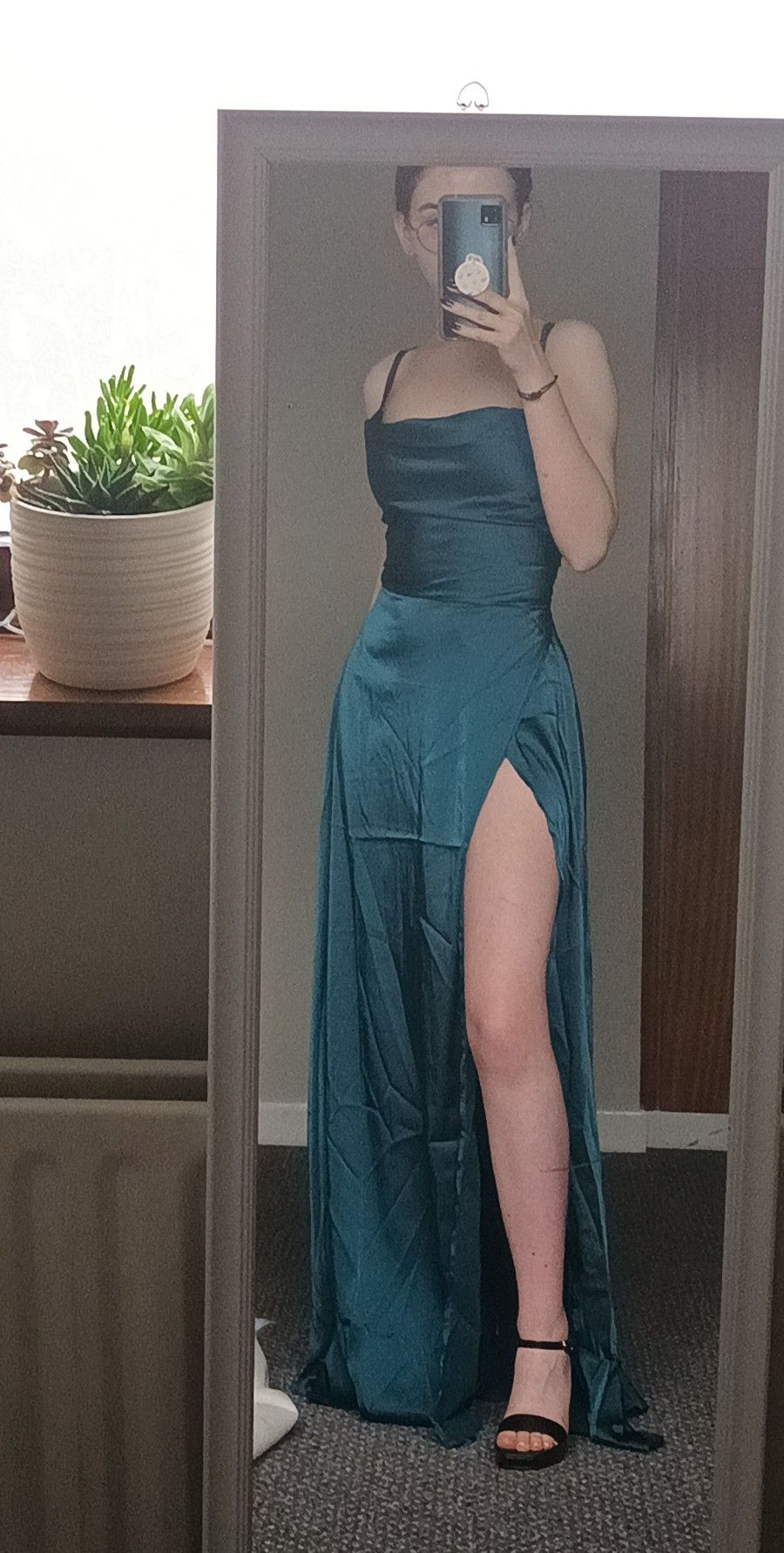 Backless Wrap Satin Prom Dress in Teal Blue Y4867