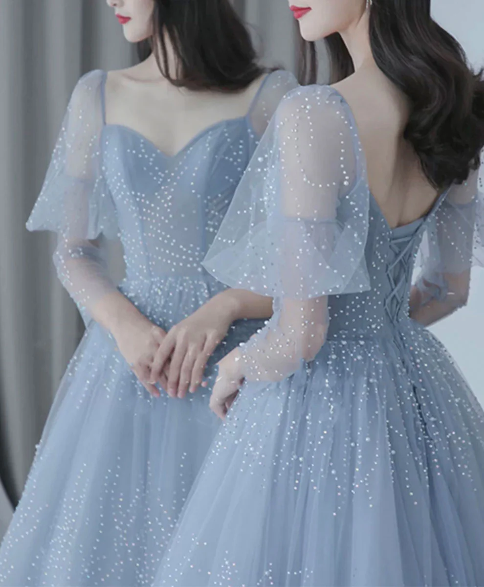 V Neck Tulle Sequin Blue Long Prom Dress, Blue Formal Graduation Dress Y4453