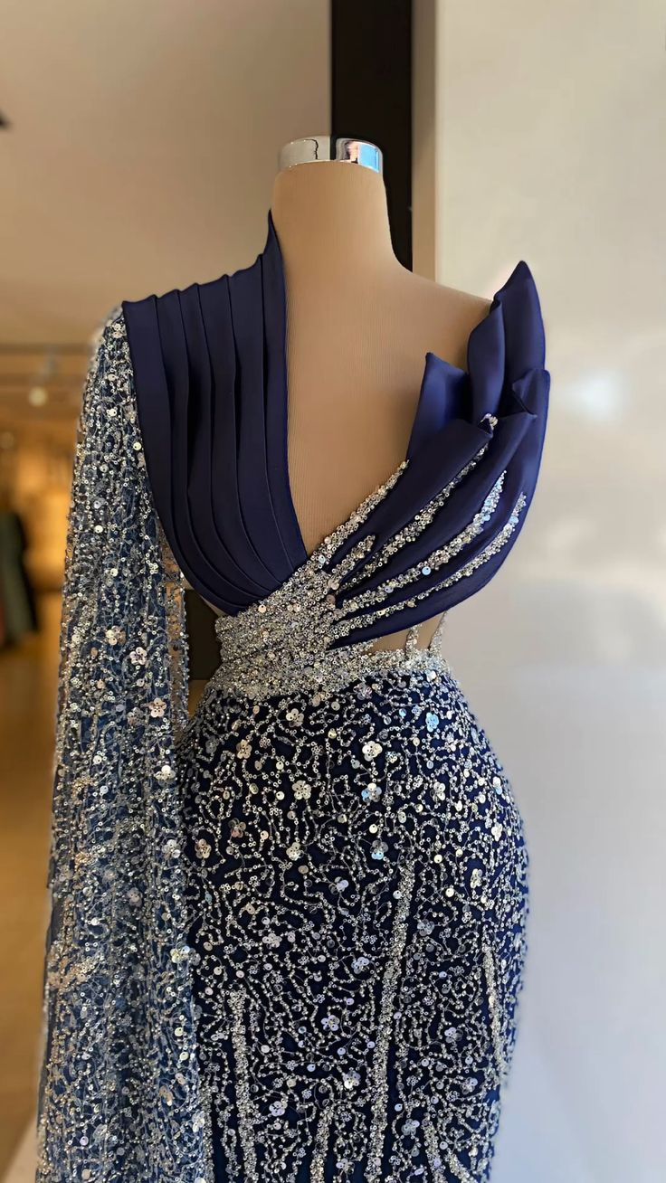 Navy Blue One Shoulder Evening Dresses V Neck Prom Gowns Custom Made Sequin Sparkly Formal Party Dresses Y4936
