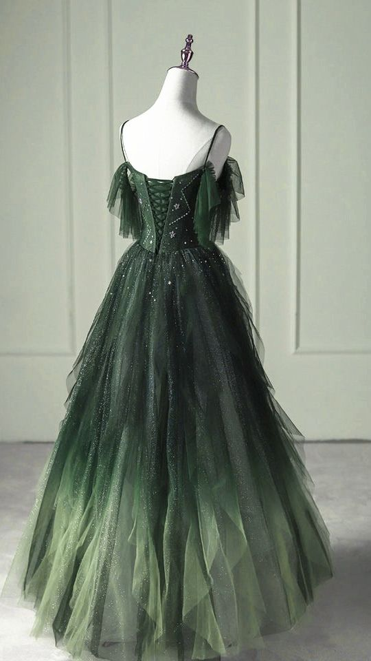 Dark Green Ombre Straps Tulle Layered Long Prom Dress,Green Formal Dress Y4473