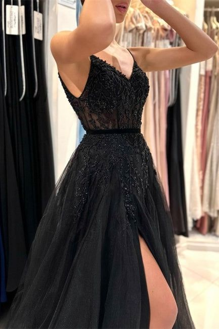 Elegant Long Black A-line Sequined Lace Prom Dress With Slit Y6002