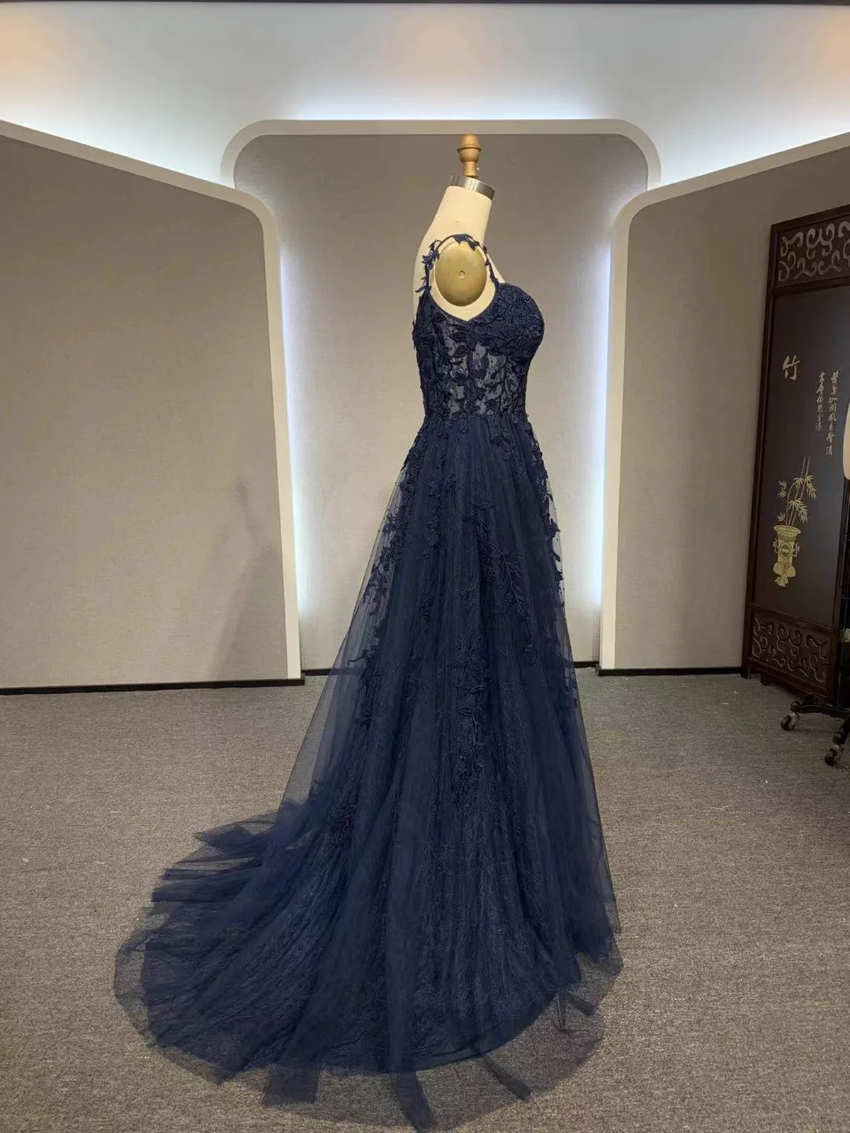 Navy Blue Long Lace Prom Dresses,Navy Blue Long Lace Formal Dress Y7423