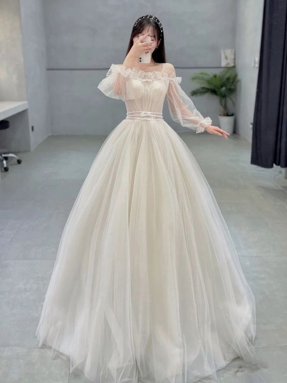 A-line Tulle Prom Dress with Long Sleeves Princess Dress Y3037