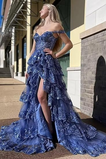 Off Shoulder Navy Blue Tulle Lace Long Prom Dresses, Off The Shoulder Lace Blue Evening Party Dresses Y2973
