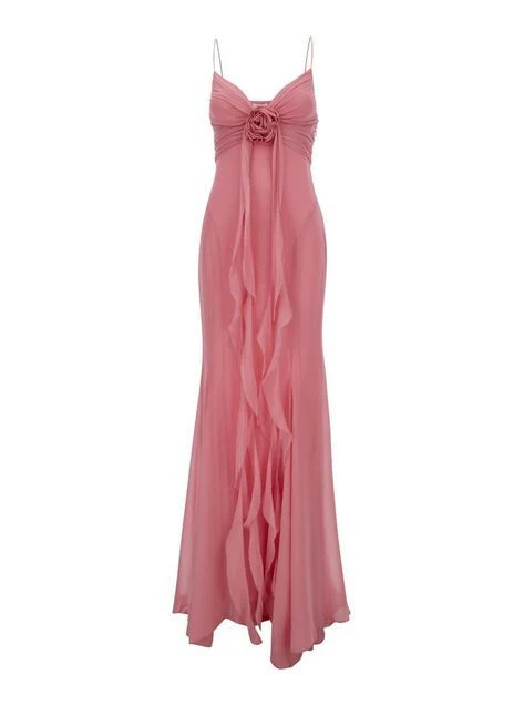 Vintage Mermaid Spaghetti Straps Pink Chiffon Prom Dress Evening Gown Y8494