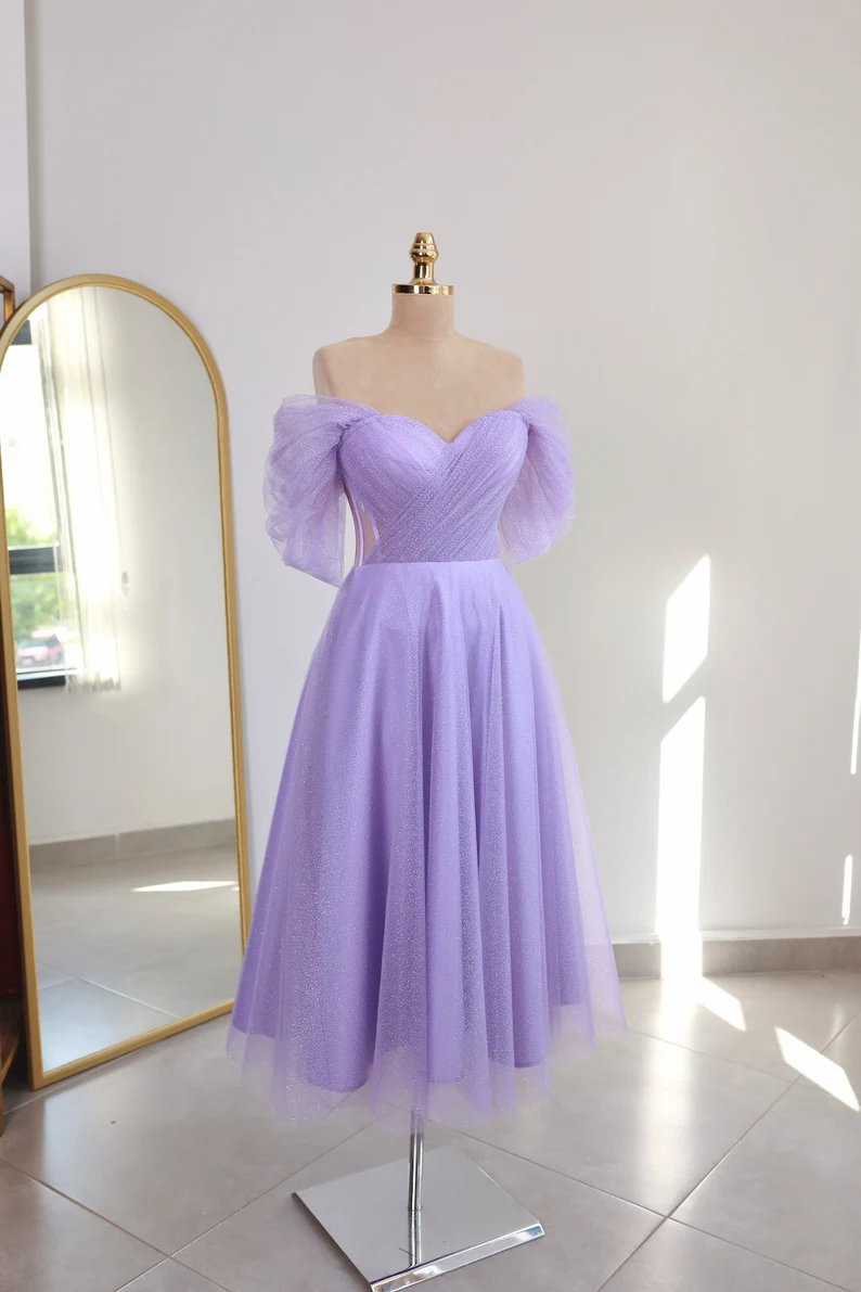 Lilac Glittered Tulle Midi-length Prom Dress, Engagement Dress, Promise Dress,Corset Dress Y4777
