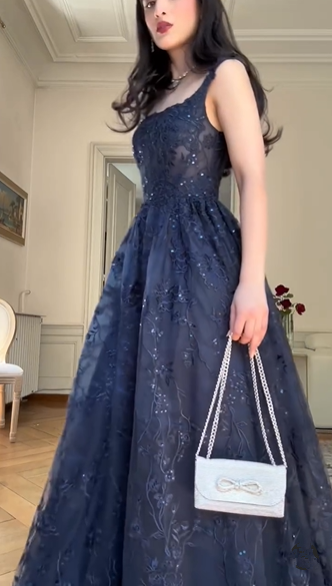 Navy Blue A Line Lace Appliques Prom Dress Elegant Evening Gown Y7830