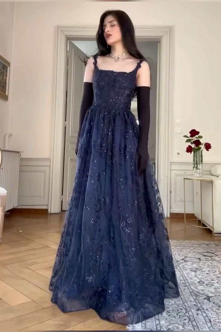 Navy Blue A Line Lace Appliques Prom Dress Elegant Evening Gown Y7830