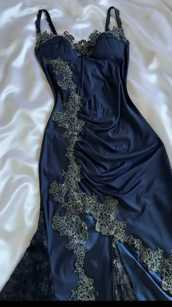 Vintage Navy Blue Satin Lace Appliques Mermaid Evening Dress Prom Dress Y8497