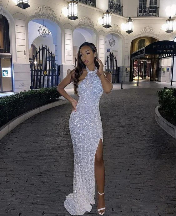 Glamorous Mermaid Halter White Sequin Long Prom Evening Dress with Split S24242