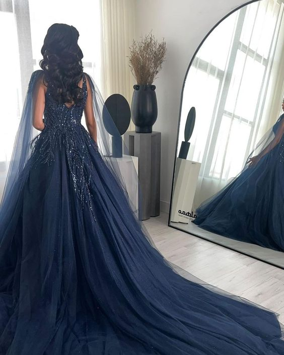 Navy Blue Glitter Square Neck Tulle Long Sleeves Luxury Ball Gown Y4883