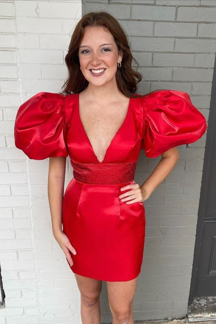 Red Satin Homecoming Dress with Puff Sleeves,Red Party Dress Y2296